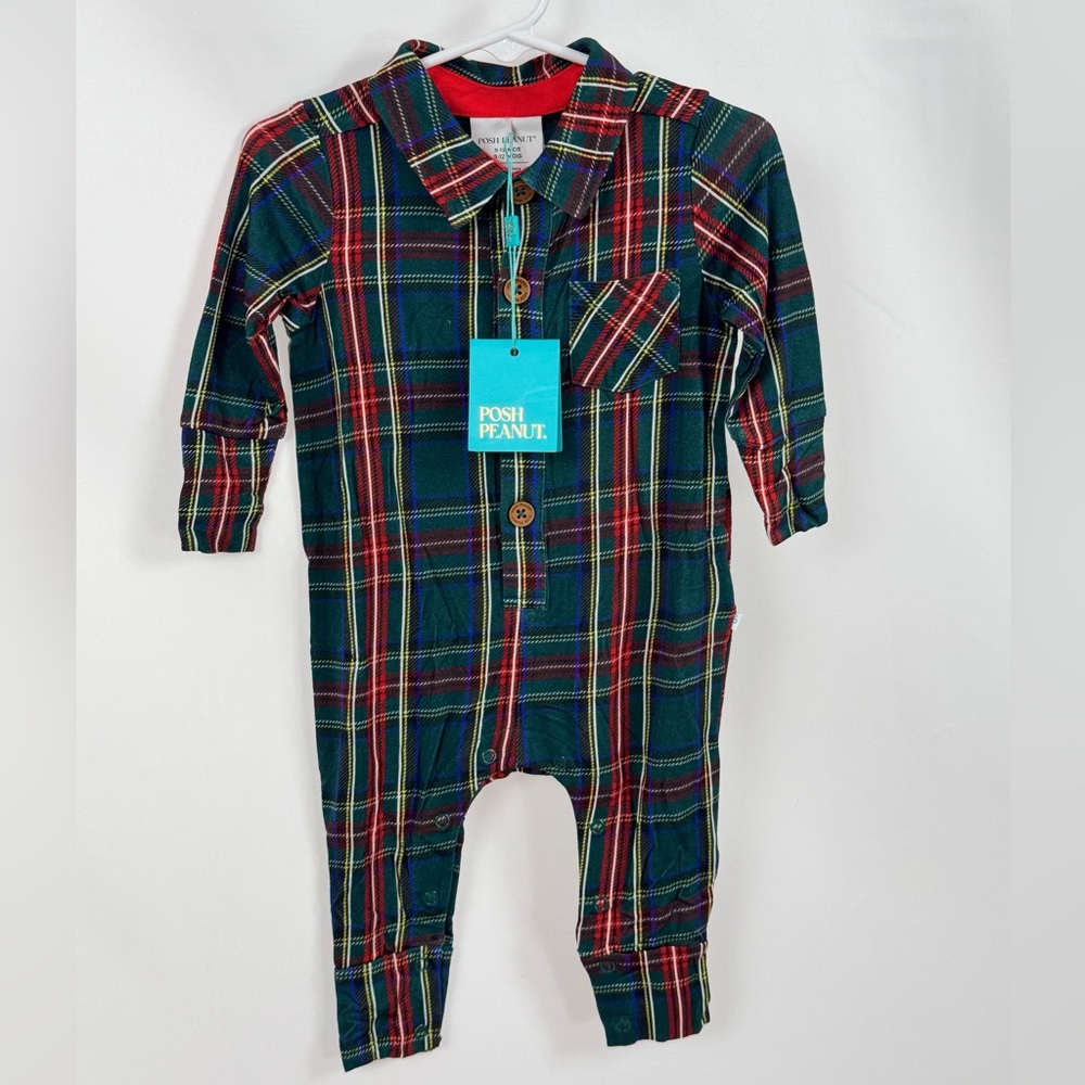 Posh Peanut New Bamboo Collared Henley Romper Green Tartan Plaid Sz 9-12 m